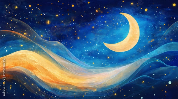 Fototapeta Artistic representation of a calm, moonlit night with a gentle lullaby visualized through soft, flowing colors and shapes. Moonbeam. Illustration