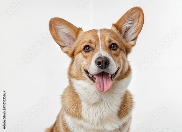 Obraz An exuberant Corgi with a beaming smile and prominent, alert ears, showcased in a studio setting. The portrait captures the dog's playful charm and vibrant, tricolor coat, radiating joy and companions