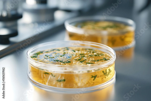 Fototapeta Petri dishes with yellow culture and green particulate matter on stainless steel lab surface.