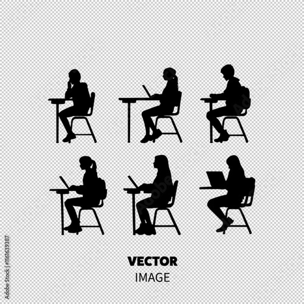Fototapeta Silhouettes of diverse students engaged in studying and using laptops in a classroom setting.