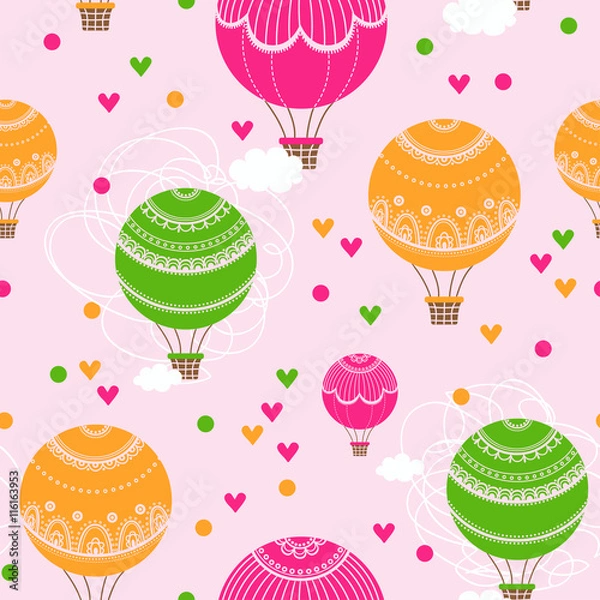 Fototapeta Background with hot air balloons and heart. Vector illustration of colorful hot air balloons.