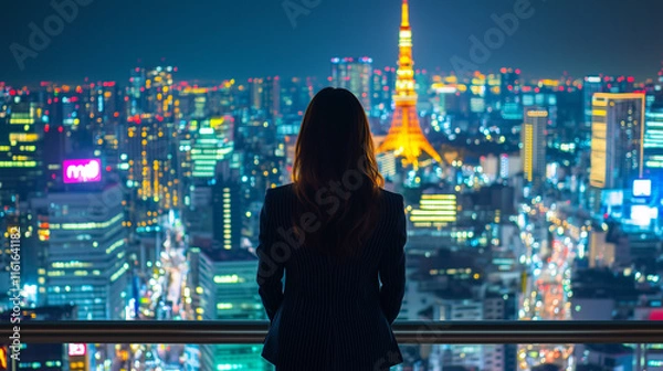 Fototapeta Businesswoman gazing at Tokyos dynamic cityscape, highlighting the energy and innovation of urban life with the iconic Tokyo Tower in the distance. Image made using Generative AI.