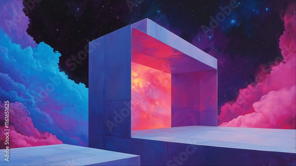 Obraz Monumental geometric portal structure among surreal pink clouds, Futuristic minimal architectural scene