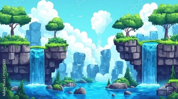 Fototapeta Lush Green Landscape with Two Waterfalls Flowing into a Blue Lake