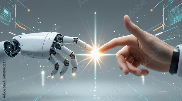 Fototapeta Futuristic Connection Robotic and Human Hands Almost Touching with Digital Light