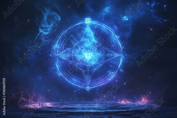 Fototapeta Glowing blue magic circle, mystical rune, fantasy portal.
