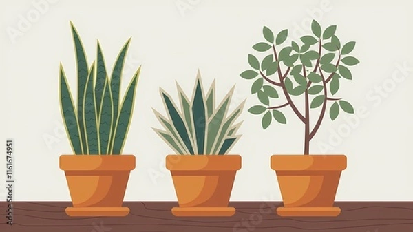 Fototapeta illustration of three terracotta pots with houseplants: a snake plant, a spiky plant with green and yellow stripes, and a potted tree with green leaves, placed on a wooden surface