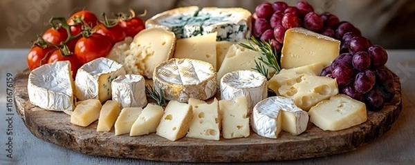 Obraz A rustic cheese board with assorted cheeses and textures.