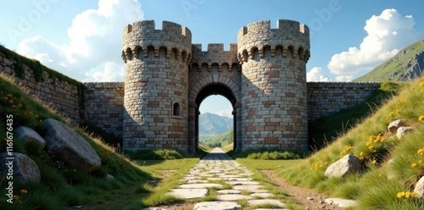 Fototapeta Ancient stone keep, imposing battlements, narrow slits , dark, history