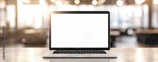 Fototapeta realistic photo of open laptop on plain table, showcasing blank screen in bright, modern workspace. warm lighting creates welcoming atmosphere