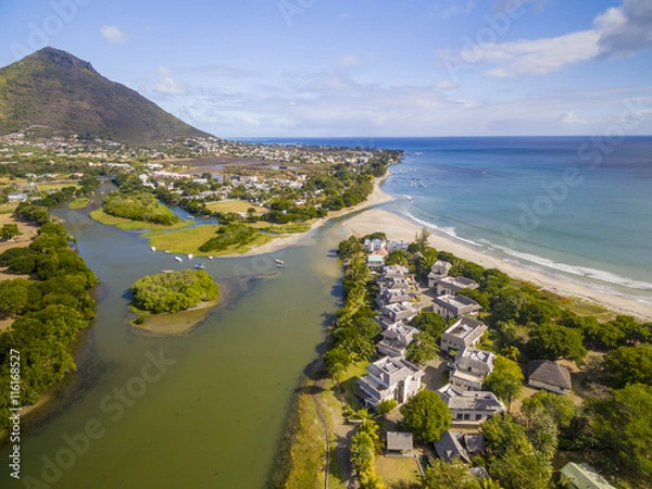 Fototapeta Top down aerial view of Black River Tamarin - Mauritius beach. Curepipe Black River Gorge National Park in background