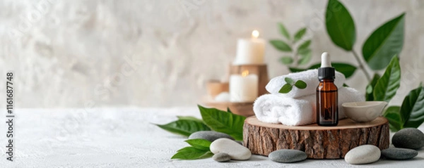 Fototapeta Relaxing spa setup with essential oil, towels, stones, and candles, creating serene atmosphere for wellness and rejuvenation