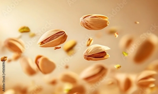Fototapeta A collection of floating pistachio nuts against a soft background.