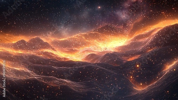 Obraz A cosmic landscape of glowing energy waves and sparkling cosmic dust particles.