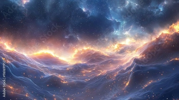 Obraz A cosmic landscape of glowing energy waves and sparkling cosmic dust particles.