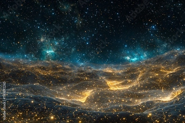 Obraz A cosmic landscape of infinite stars and glowing dust particles scattered in space.