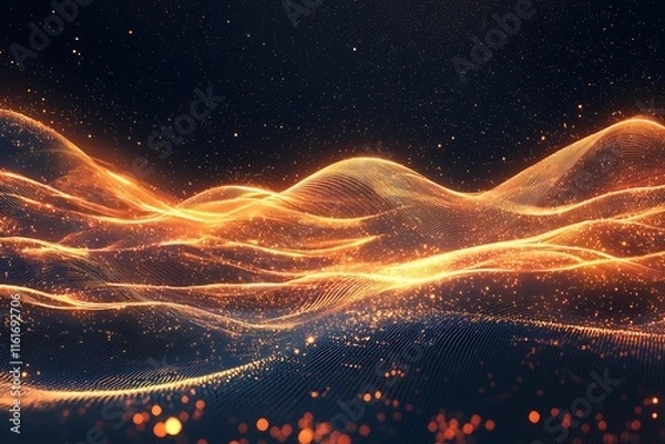 Obraz A cosmic landscape of shimmering energy waves and radiant particles on a dark background.