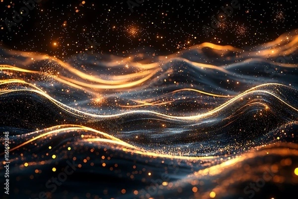 Obraz A cosmic landscape of shimmering energy waves and radiant particles on a dark background.
