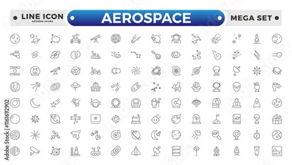 Fototapeta Aerospace icon of science observatory, satellite and rocket .space and planet outline Icons, thin line style. Contains such Icons as space, planet, alien, solar, stars.  Editable stroke outline icon. 
