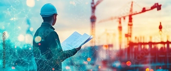 Fototapeta A construction worker reviewing blueprints at a building site during sunset.