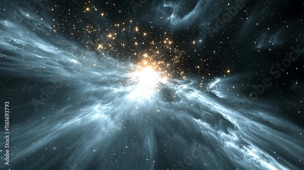Obraz A cosmic void filled with radiant energy streams and glowing cosmic dust particles.
