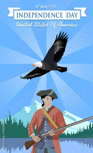 Fototapeta Independence Day. US Independence Day. Minuteman and the eagle against the backdrop of the American landscape. Happy Independence Day. Independence Day 4th july 1776.