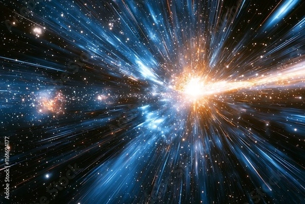 Obraz A cosmic void with endless energy streams and distant star clusters in motion.