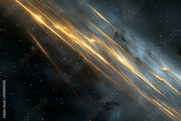 Obraz A cosmic void with streaks of light and distant stars fading into the darkness.