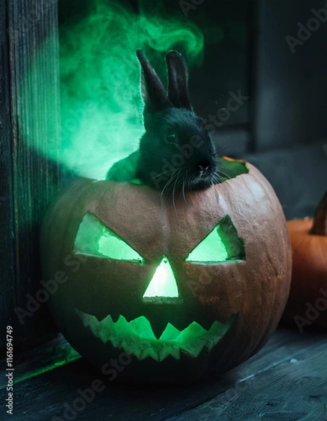 Obraz AI generated image of a pet bunny rabbit sitting inside a Halloween jack o’lantern.