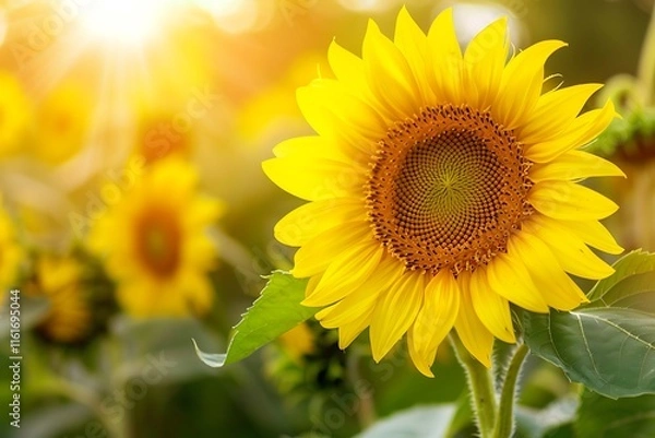 Obraz Close up of sunflower field at sunset on blurred background