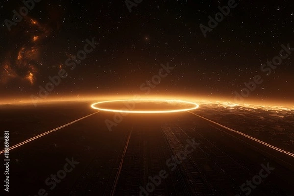 Obraz A dark, endless space with a glowing ring expanding outward.