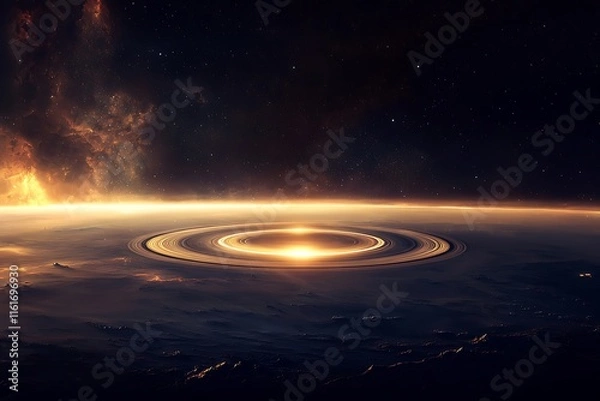Obraz A dark, endless space with a glowing ring expanding outward.