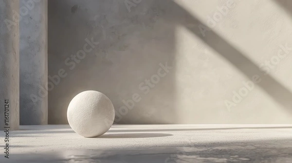 Fototapeta A white ball is sitting on a white floor in a room with a white wall