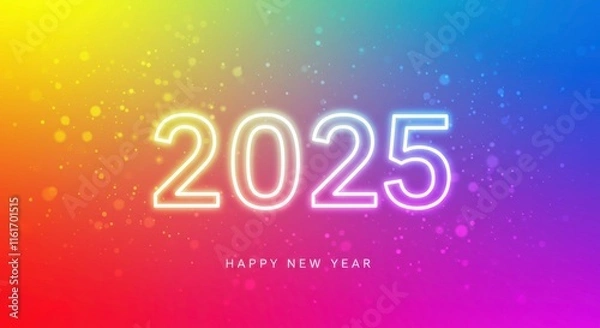 Obraz Neon 2025 New Year: A vibrant and dazzling celebration of the new year, with the number 2025 rendered in glowing neon white against a spectrum of colorful hues.