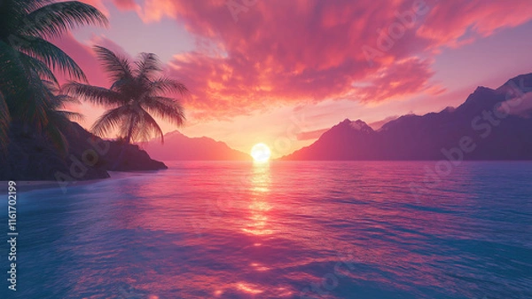 Fototapeta Vibrant sunrise over the sea, creating a breathtaking view of the sky and water merging
