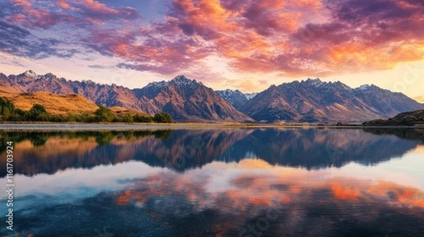 Fototapeta A breathtaking scene of a serene lake reflecting towering mountains and a colorful sky, showing the beauty of nature.