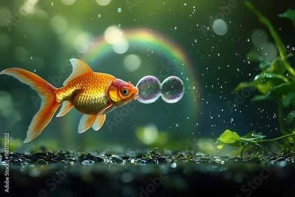 Obraz A goldfish blowing bubbles that form a rainbow over a pond.