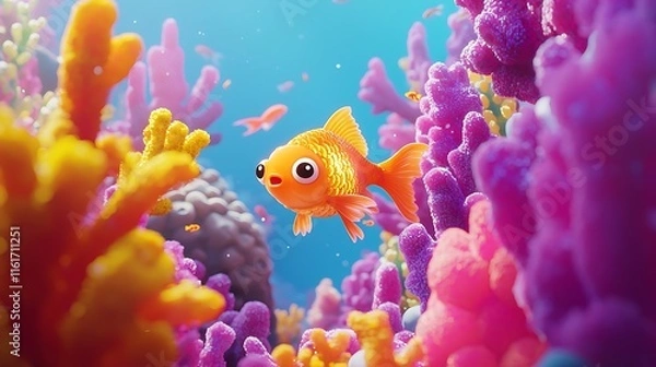 Obraz A goldfish in a tiny scuba suit swimming in a colorful cartoon coral reef.