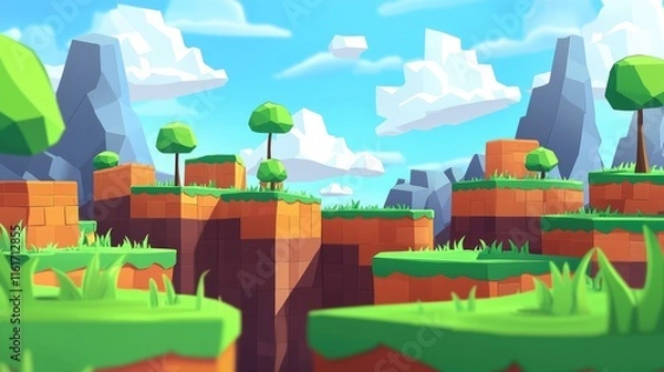 Obraz Low Poly Landscape with Mountains, Trees, and Clouds