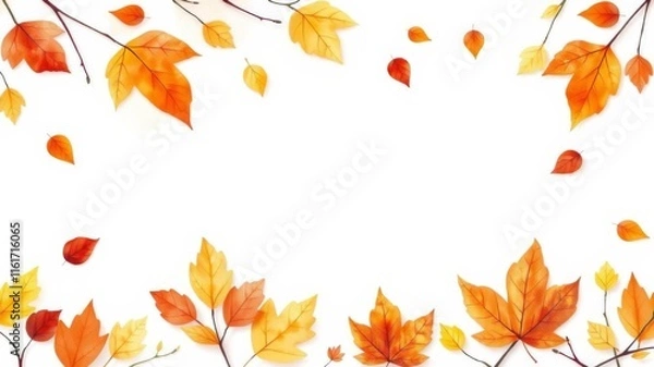 Fototapeta Watercolor style autumn leaves in various colors on a minimalist background with empty space in the center for text, wallpaper, watercolor, minimalist