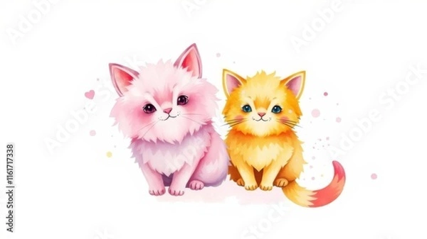 Fototapeta Watercolor illustration of adorable pink cats surrounded by empty copy space, pet, domestic, whimsical