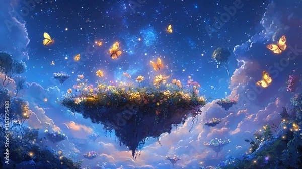 Fototapeta Floating Island Fantasy With Butterflies And Stars