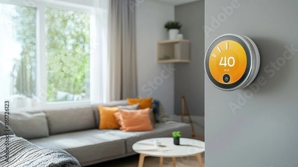 Fototapeta A modern living room featuring a sleek thermostat displaying a temperature reading, surrounded by comfortable furniture and natural light.