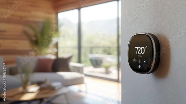 Obraz A modern smart thermostat displays the temperature in a stylish living room, showcasing a blend of technology and contemporary design.