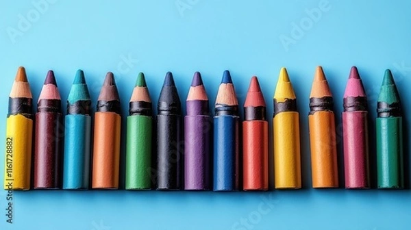 Obraz Colorful used crayons in a horizontal row against a light blue background.