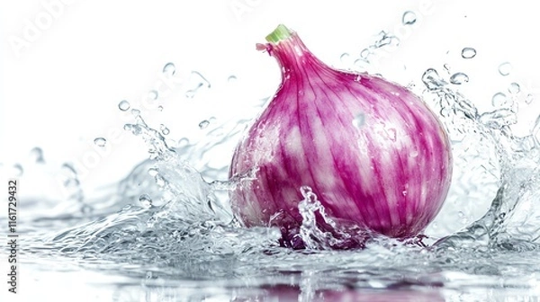 Fototapeta Fresh onion splashing in water, highlighting its vibrant color and texture.