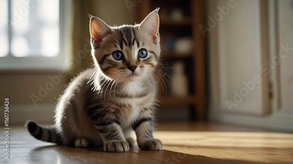 Fototapeta A playful Bengal kitten mid-leap, its vibrant coat gleaming under soft indoor lighting, with blurred furniture creating a dynamic and cozy background.