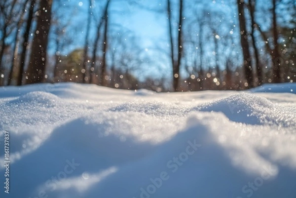 Fototapeta Snowy ground with sunlit bokeh and trees.