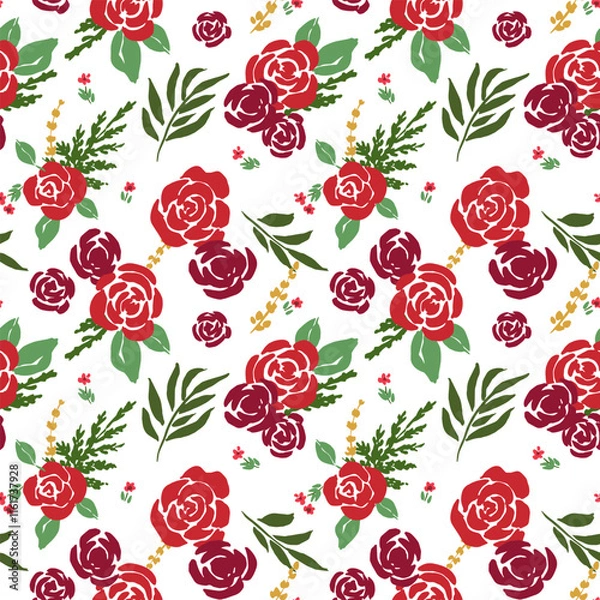 Obraz All over vector seamless repeat pattern with tossed ditsy red rose flower bouquets with greenery and gold accents on white background. Christmas ditsy floral backdrop in cheerful reds.