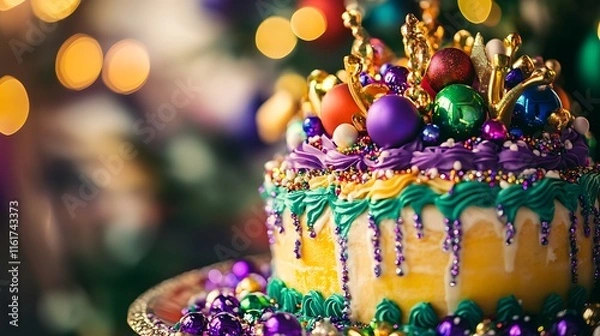 Fototapeta A vibrant king cake centerpiece decorated with beads and festive ornaments, captured during a lively celebration